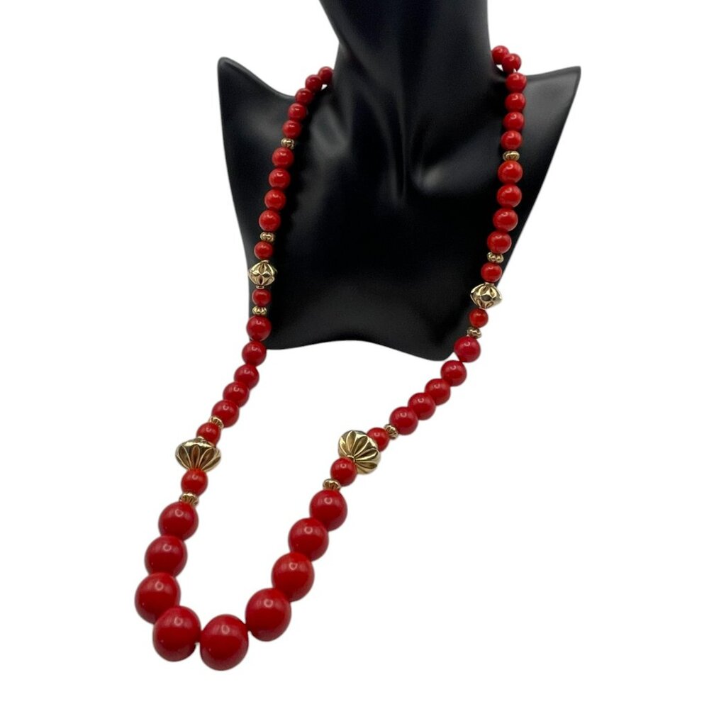 **Beaded Necklace Textured Gold Tone And Red Beads 30"